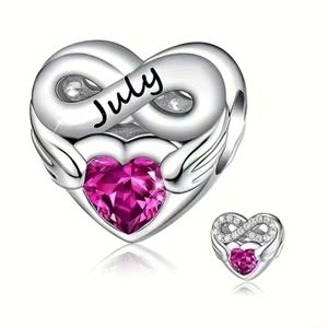July Birthstone charm ruby-red heart on front clear rhinestone infinity on back